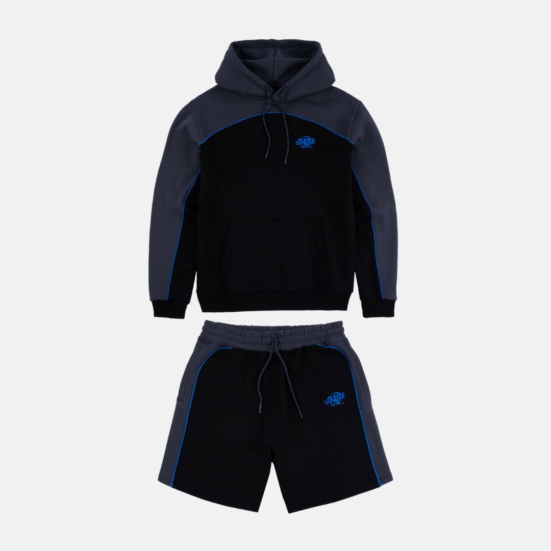 Syna Logo Pipe Hoodie Shorts Set - Black/Blue - No Sauce The Plug