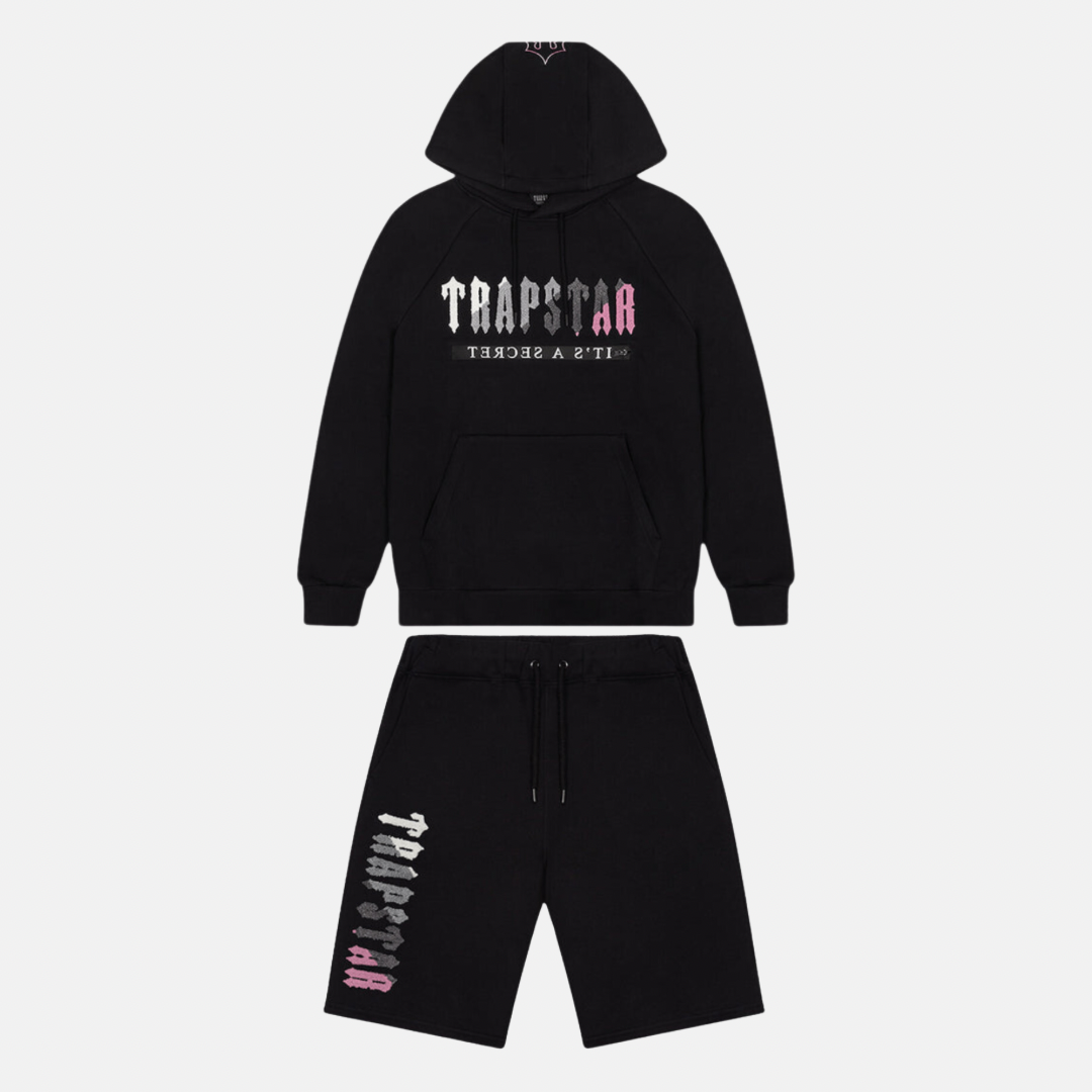 Trapstar Chenille Decoded Hoodie Shorts Set Black/Pink No Sauce The Plug