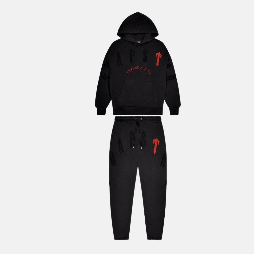 Trapstar Irongate Arch Chenille 2.0 Hooded Tracksuit Black Red No Sauce The Plug