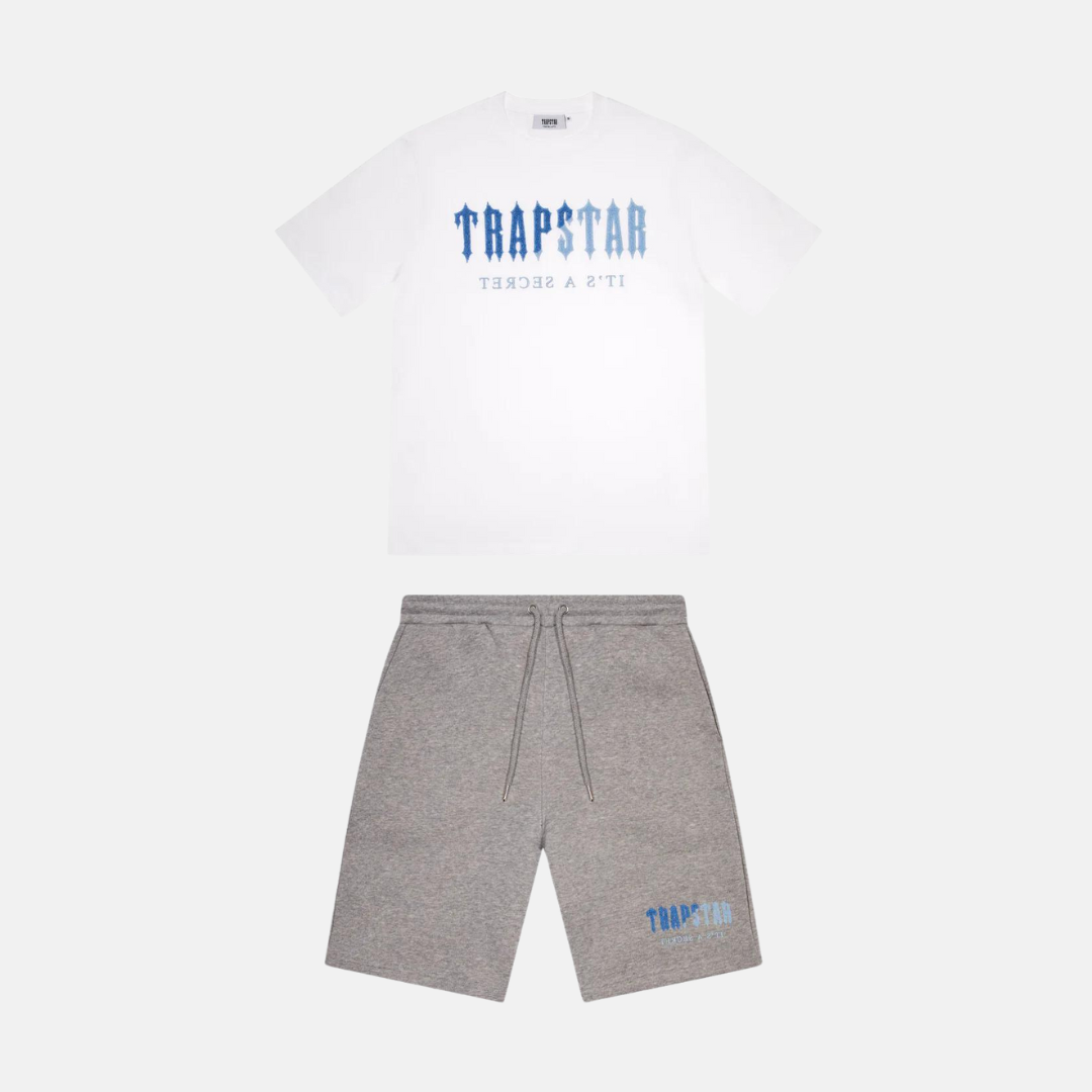 Trapstar Chenille Decoded T-Shirt & Shorts Set - White/Grey/Blue - No Sauce The Plug