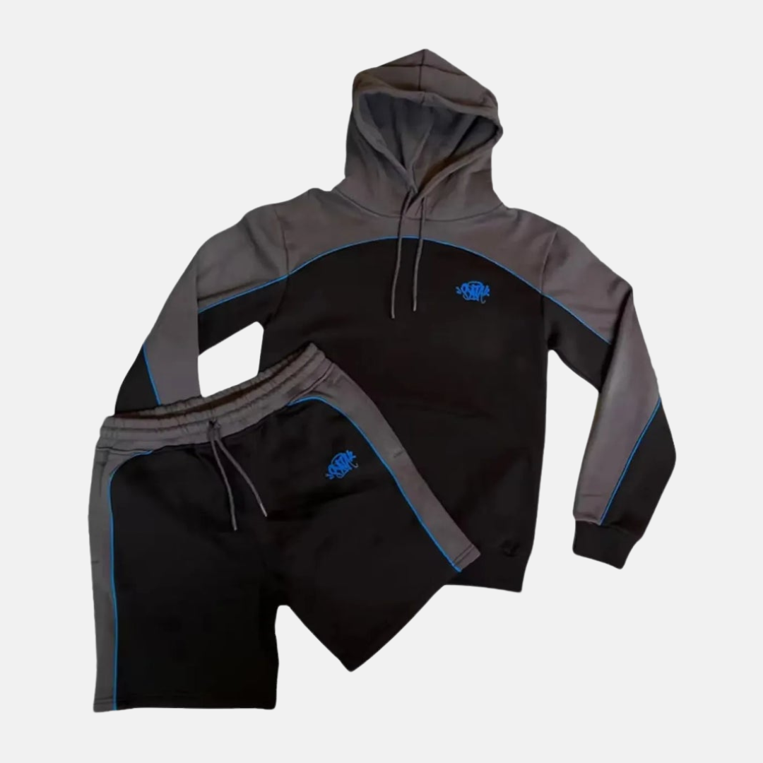 Syna Logo Pipe Hoodie Shorts Set - Black/Blue