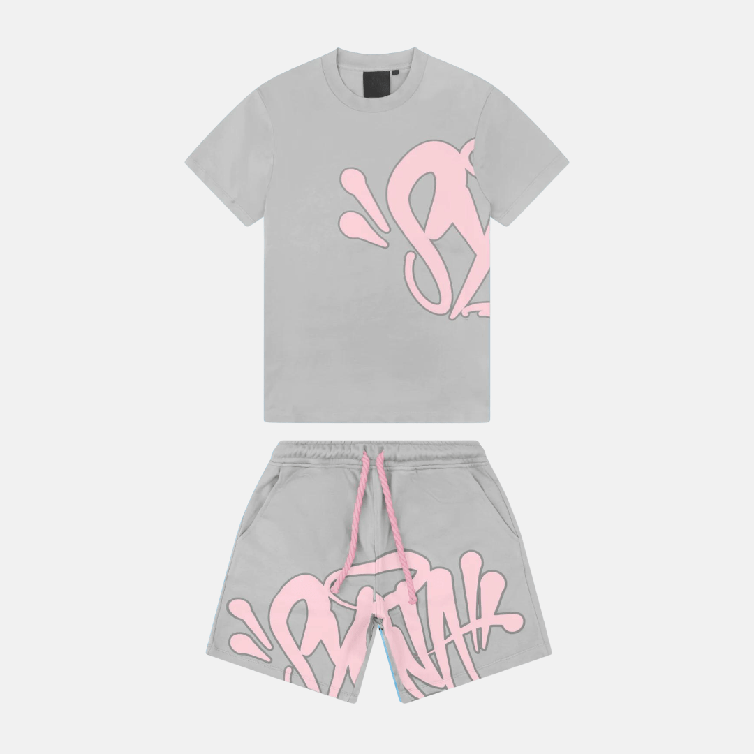 Syna T-shirt & Shorts Logo Set - Grey/Pink - No Sauce The Plug
