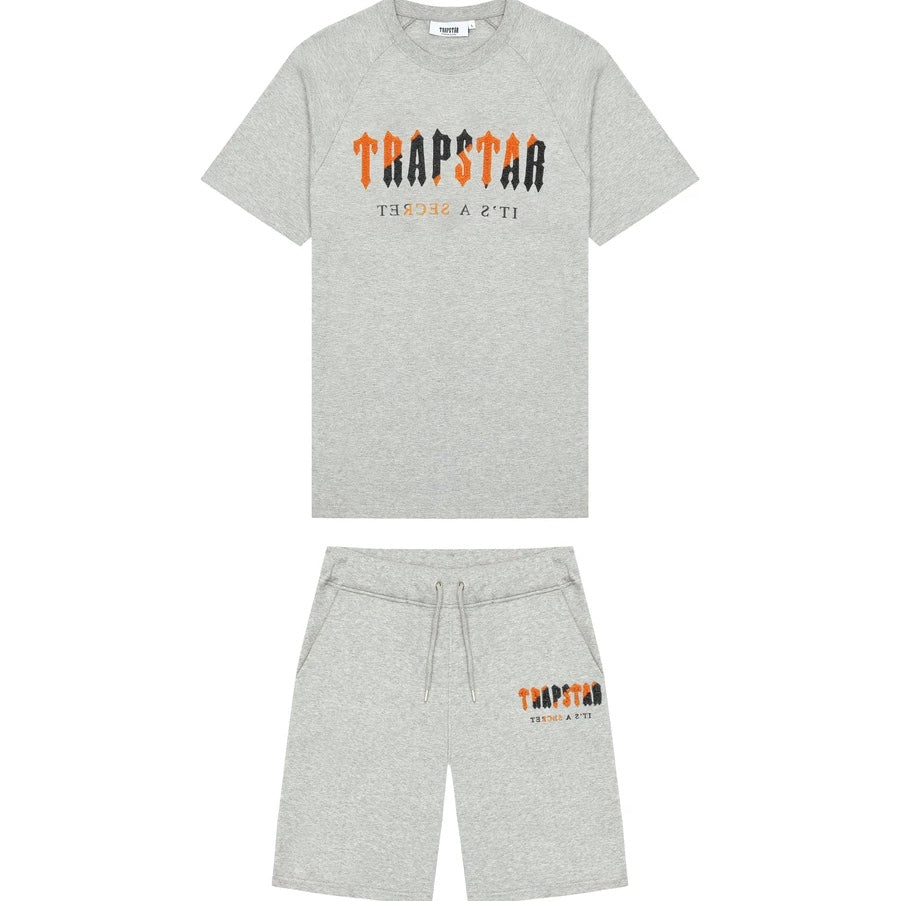 Trapstar Chenille Decoded Short Set - Grey/Orange Revolution Edition - No Sauce The Plug